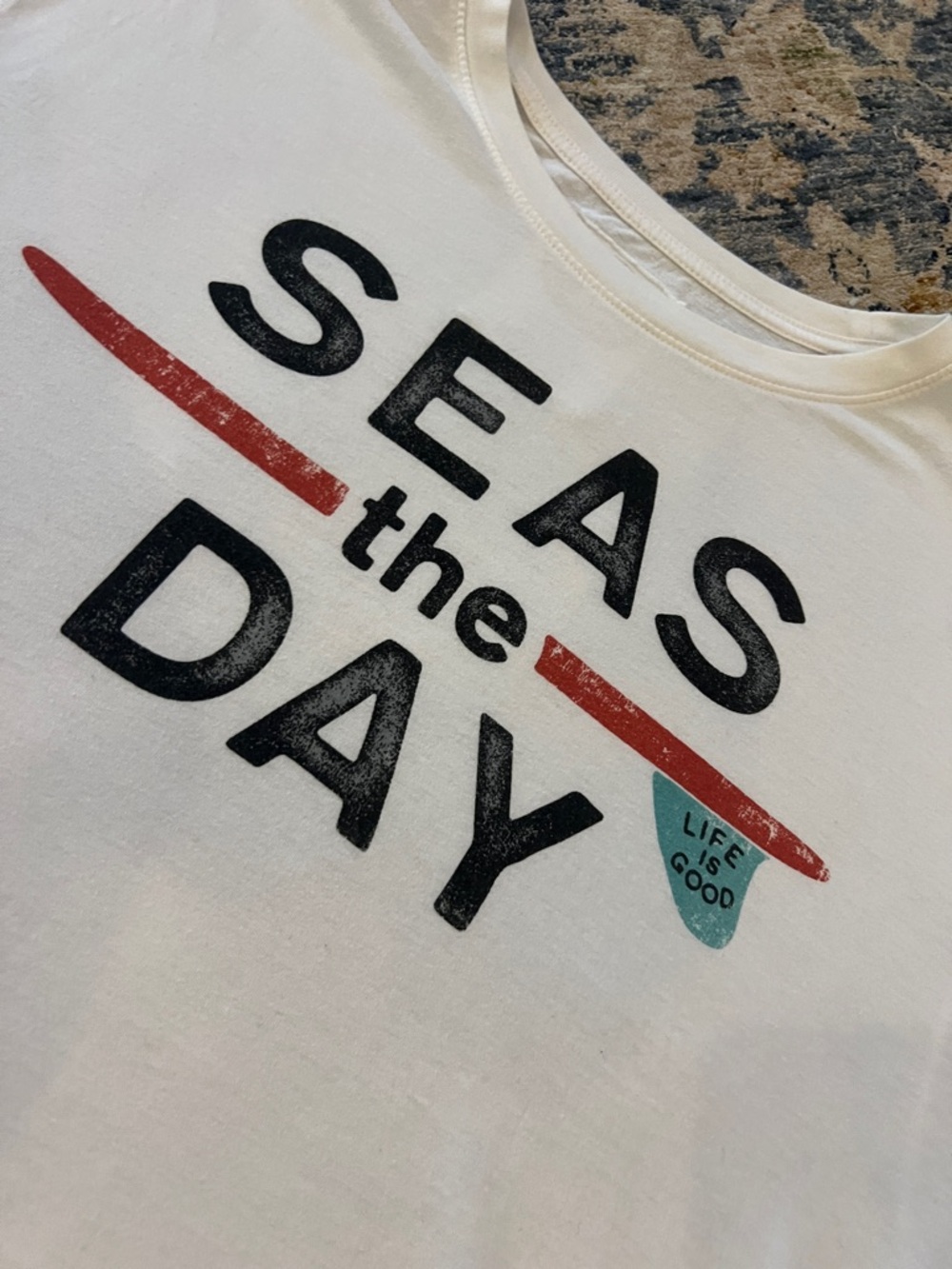 Life Is Good Seas the Day Unisex Graphic Tee - White with Red & Teal Surfboard - Picture 4 of 5